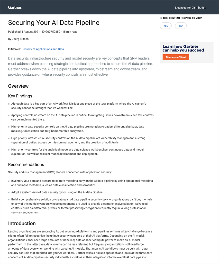 Gartner Report Securing Your AI Data Pipelines